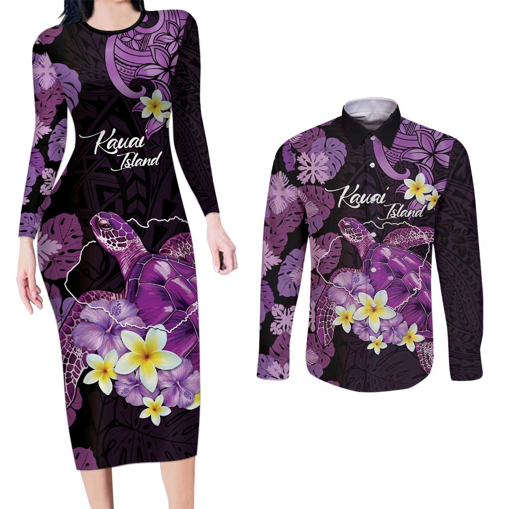 Personalised Aloha Hawaii Kauai Island Couples Matching Long Sleeve Bodycon Dress and Long Sleeve Button Shirt Garden Isle Map Sea Turtle Plumeria