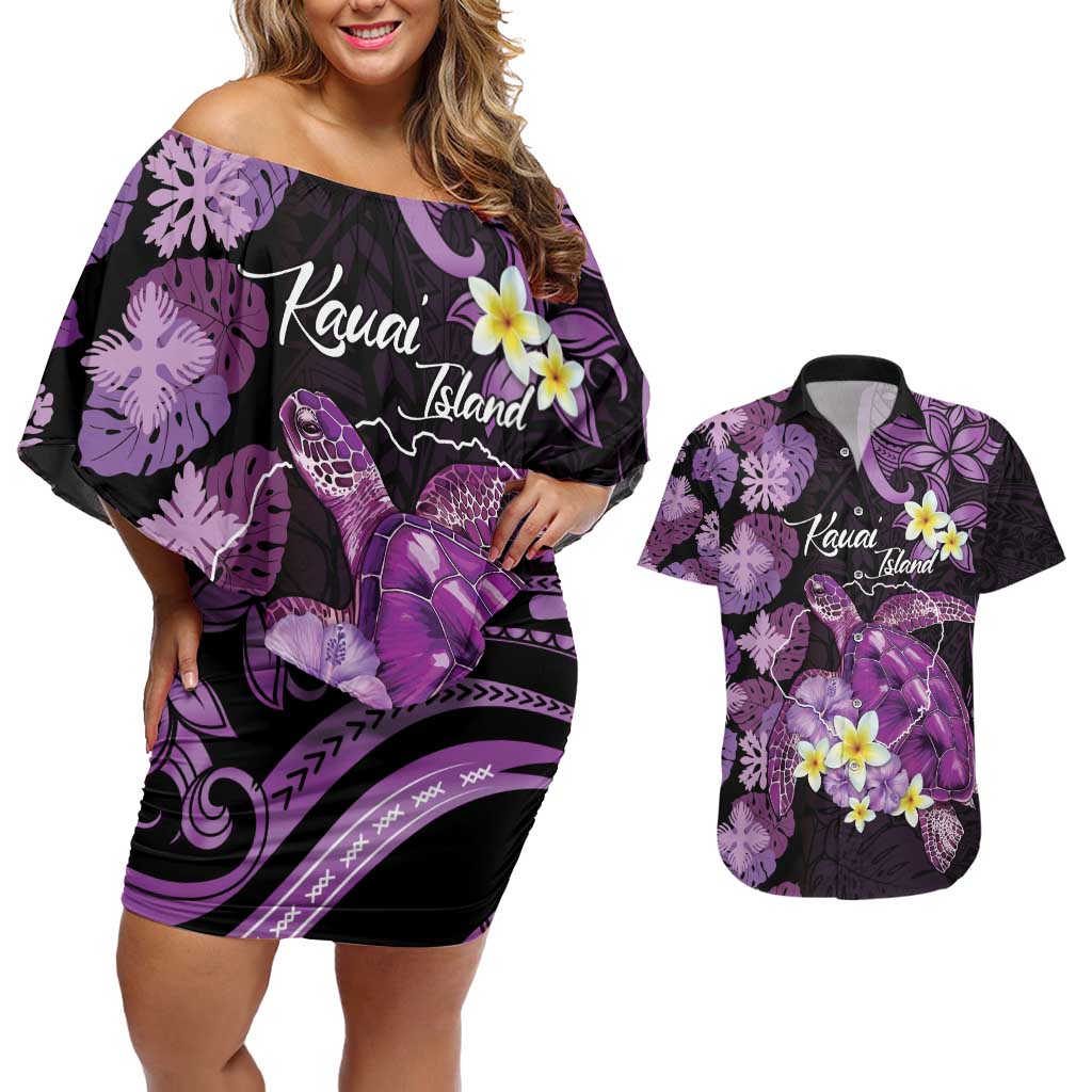 Personalised Aloha Hawaii Kauai Island Couples Matching Off Shoulder Short Dress and Hawaiian Shirt Garden Isle Map Sea Turtle Plumeria