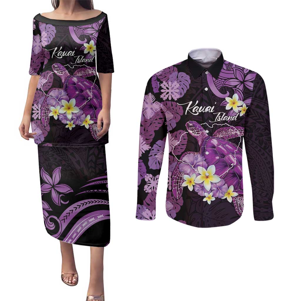 Personalised Aloha Hawaii Kauai Island Couples Matching Puletasi and Long Sleeve Button Shirt Garden Isle Map Sea Turtle Plumeria