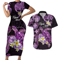 Personalised Aloha Hawaii Kauai Island Couples Matching Short Sleeve Bodycon Dress and Hawaiian Shirt Garden Isle Map Sea Turtle Plumeria