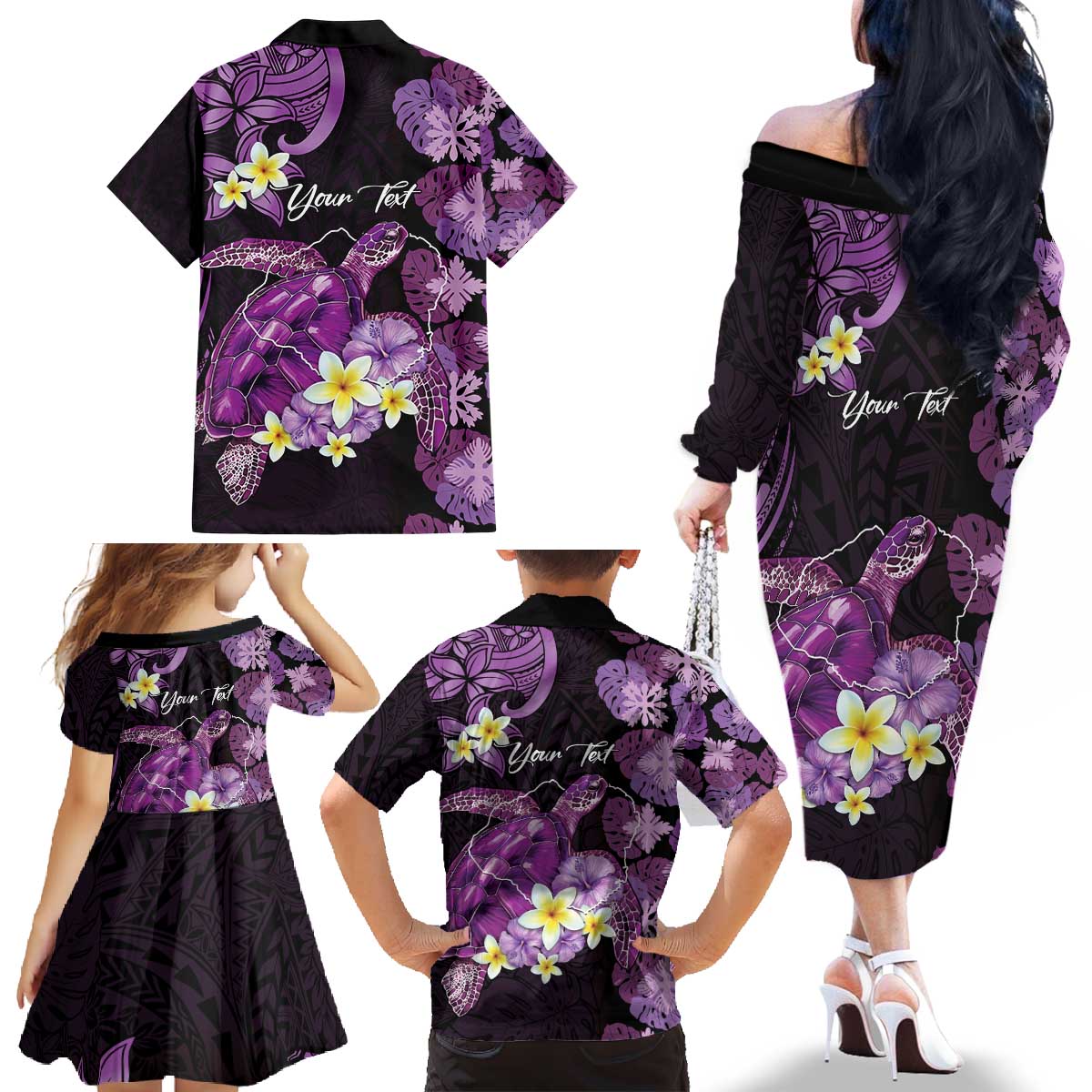 Personalised Aloha Hawaii Kauai Island Family Matching Off The Shoulder Long Sleeve Dress and Hawaiian Shirt Garden Isle Map Sea Turtle Plumeria