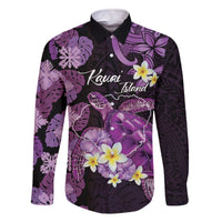 Personalised Aloha Hawaii Kauai Island Family Matching Off The Shoulder Long Sleeve Dress and Hawaiian Shirt Garden Isle Map Sea Turtle Plumeria