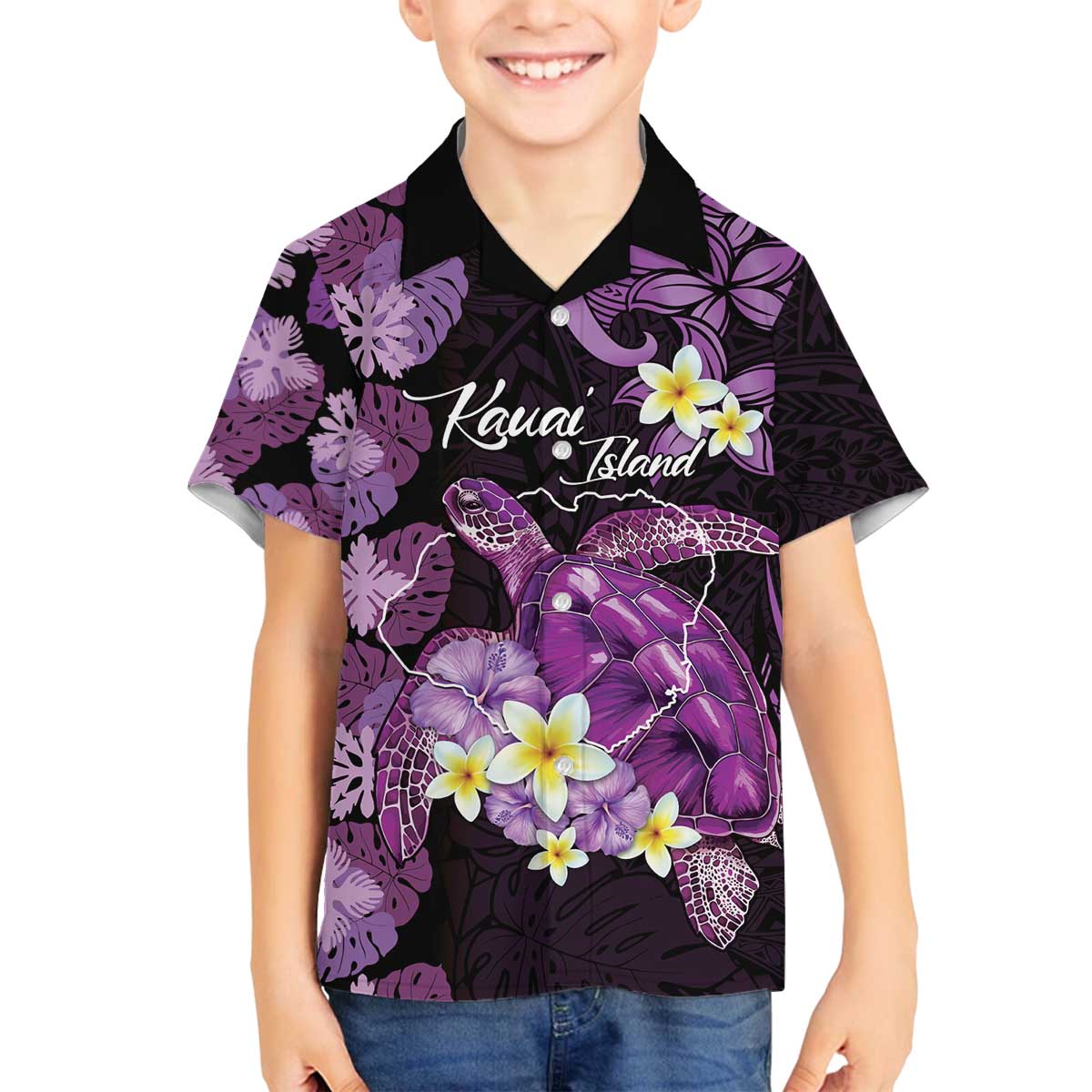 Personalised Aloha Hawaii Kauai Island Family Matching Off The Shoulder Long Sleeve Dress and Hawaiian Shirt Garden Isle Map Sea Turtle Plumeria