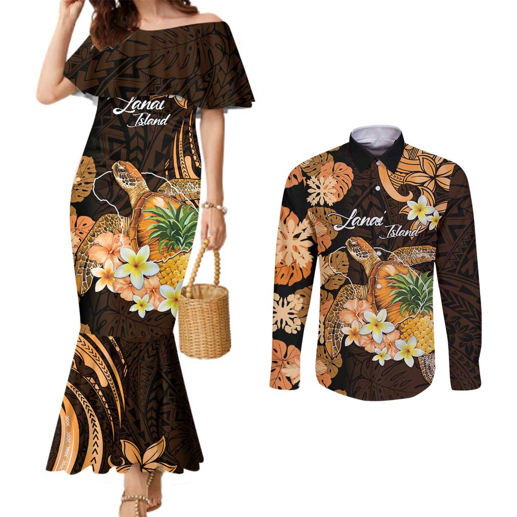 Personalised Aloha Hawaii Lanai Island Couples Matching Mermaid Dress and Long Sleeve Button Shirt Pineapple Isle Map Sea Turtle Plumeria