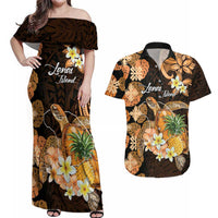 Personalised Aloha Hawaii Lanai Island Couples Matching Off Shoulder Maxi Dress and Hawaiian Shirt Pineapple Isle Map Sea Turtle Plumeria