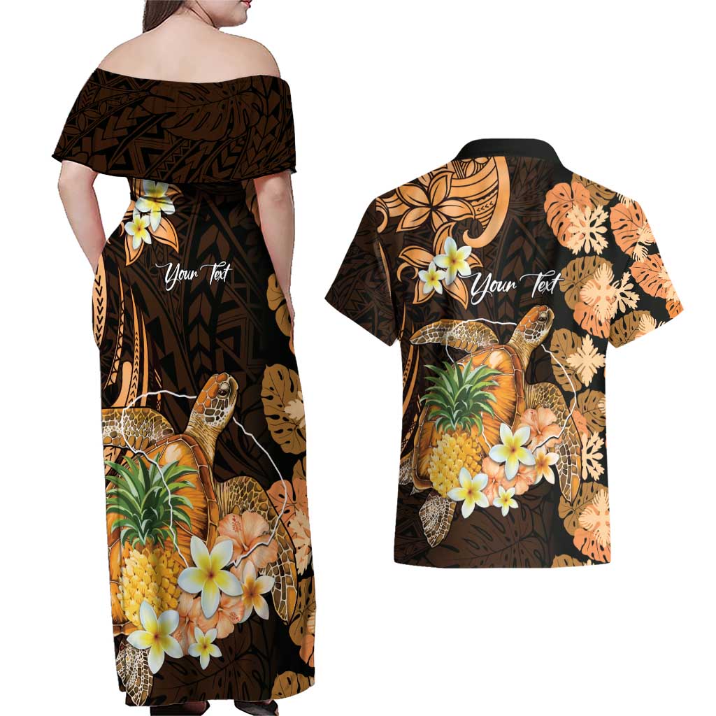 Personalised Aloha Hawaii Lanai Island Couples Matching Off Shoulder Maxi Dress and Hawaiian Shirt Pineapple Isle Map Sea Turtle Plumeria