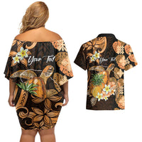 Personalised Aloha Hawaii Lanai Island Couples Matching Off Shoulder Short Dress and Hawaiian Shirt Pineapple Isle Map Sea Turtle Plumeria