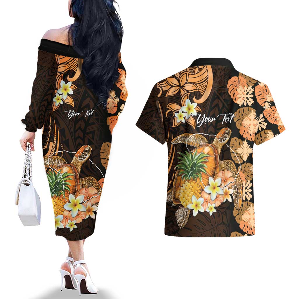 Personalised Aloha Hawaii Lanai Island Couples Matching Off The Shoulder Long Sleeve Dress and Hawaiian Shirt Pineapple Isle Map Sea Turtle Plumeria