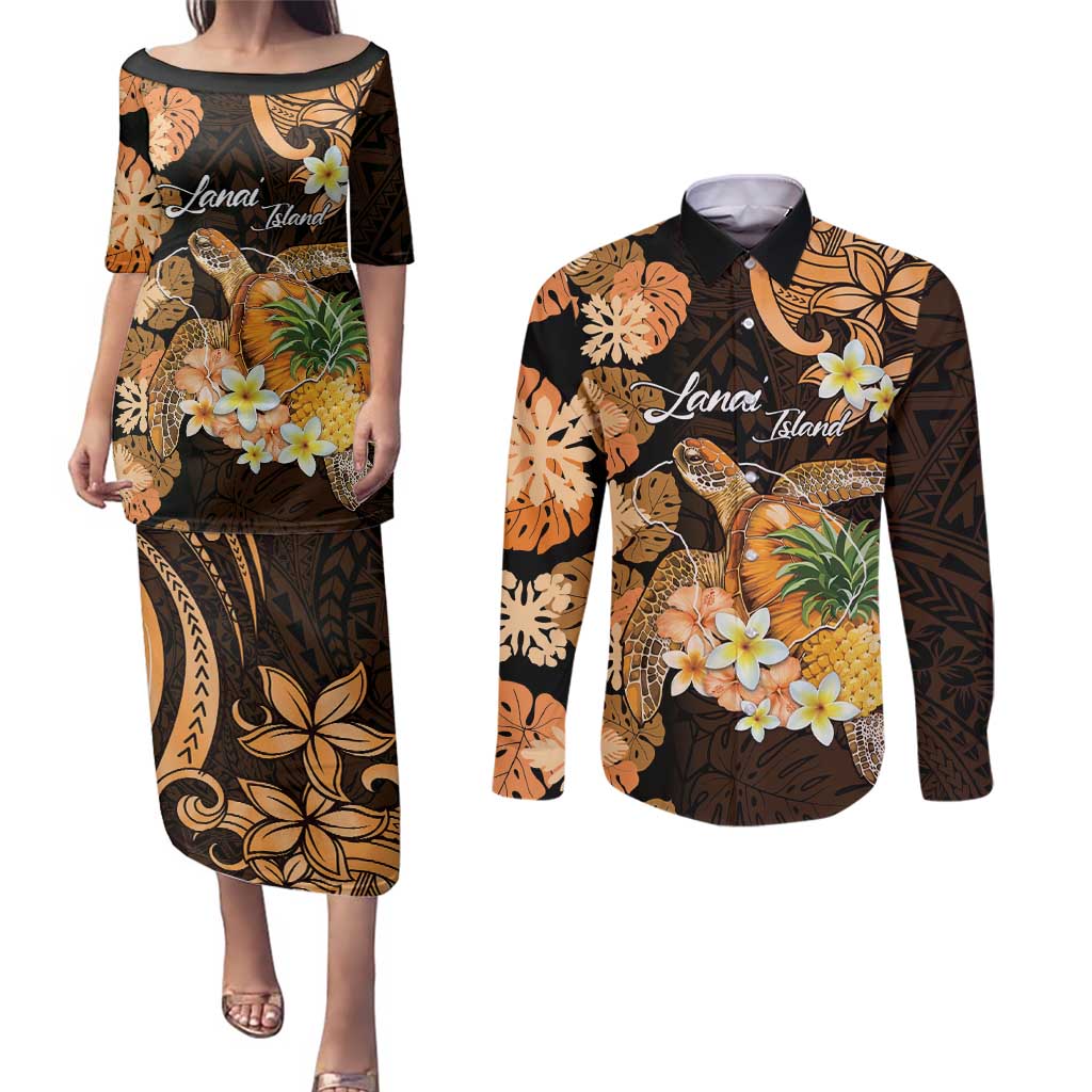 Personalised Aloha Hawaii Lanai Island Couples Matching Puletasi and Long Sleeve Button Shirt Pineapple Isle Map Sea Turtle Plumeria