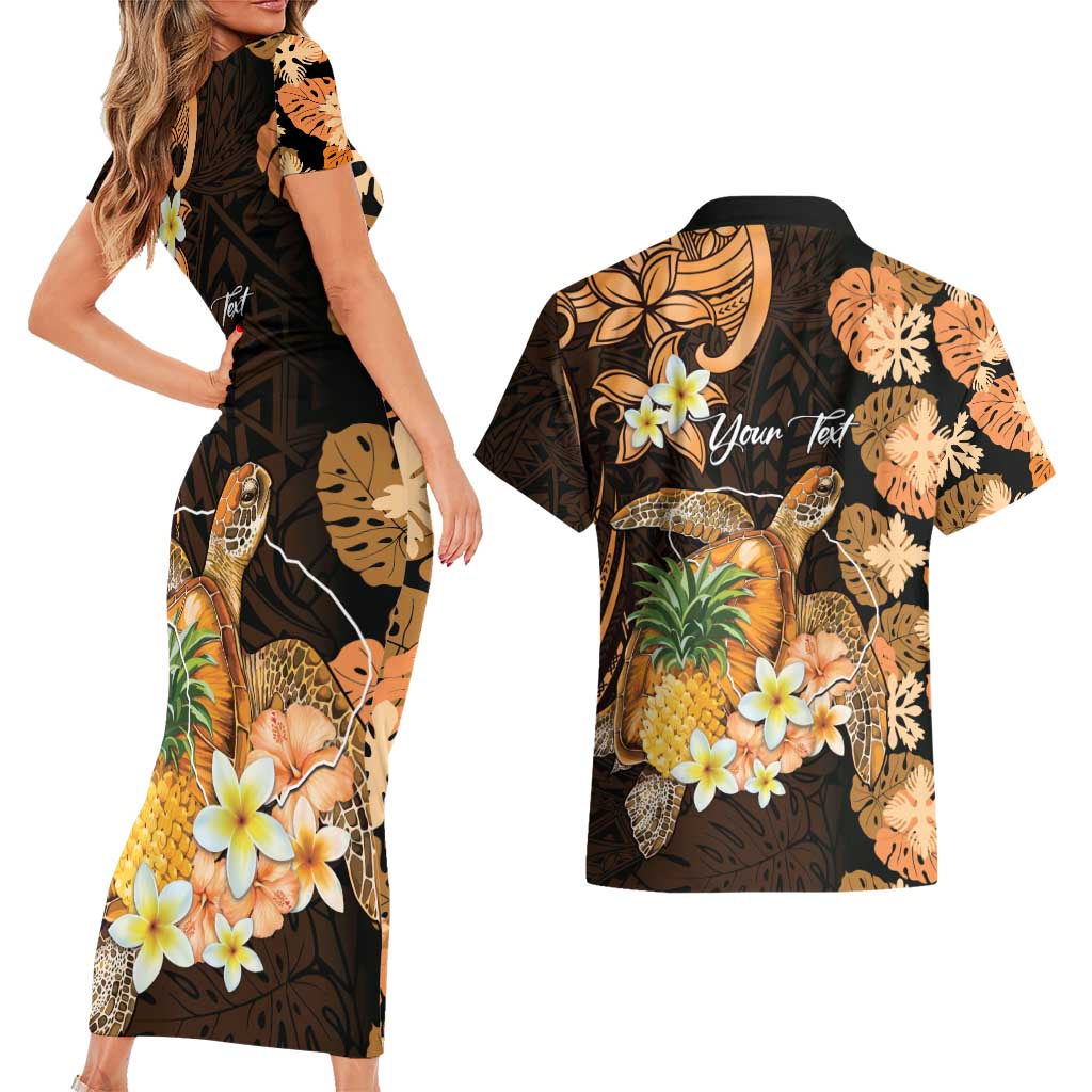 Personalised Aloha Hawaii Lanai Island Couples Matching Short Sleeve Bodycon Dress and Hawaiian Shirt Pineapple Isle Map Sea Turtle Plumeria