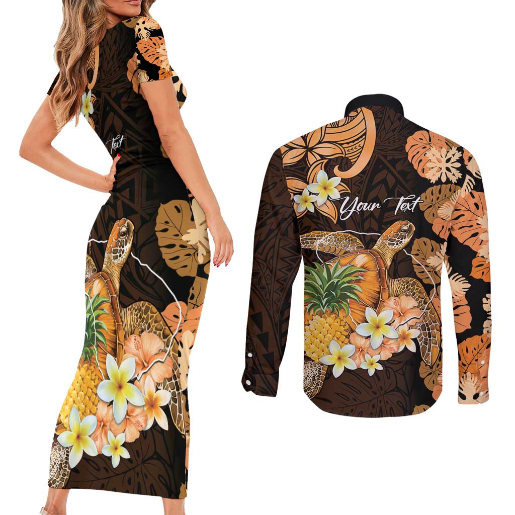 Personalised Aloha Hawaii Lanai Island Couples Matching Short Sleeve Bodycon Dress and Long Sleeve Button Shirt Pineapple Isle Map Sea Turtle Plumeria