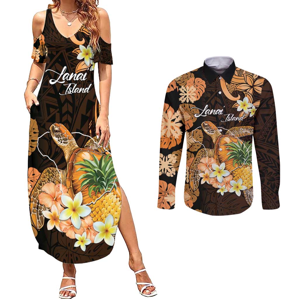 Personalised Aloha Hawaii Lanai Island Couples Matching Summer Maxi Dress and Long Sleeve Button Shirt Pineapple Isle Map Sea Turtle Plumeria