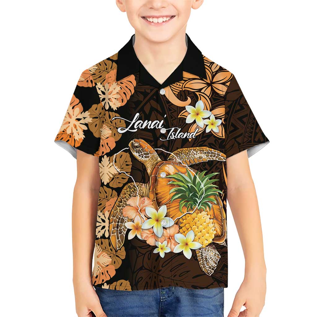 Personalised Aloha Hawaii Lanai Island Kid Hawaiian Shirt Pineapple Isle Map Sea Turtle Plumeria LT14 Kid Orange - Polynesian Pride