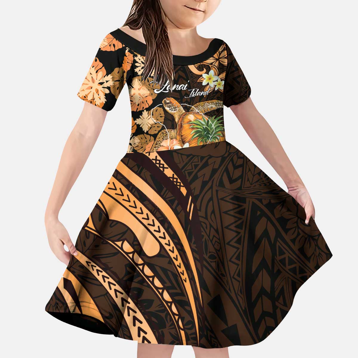 Personalised Aloha Hawaii Lanai Island Kid Short Sleeve Dress Pineapple Isle Map Sea Turtle Plumeria LT14 KID Orange - Polynesian Pride