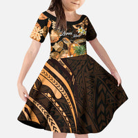 Personalised Aloha Hawaii Lanai Island Kid Short Sleeve Dress Pineapple Isle Map Sea Turtle Plumeria LT14 KID Orange - Polynesian Pride