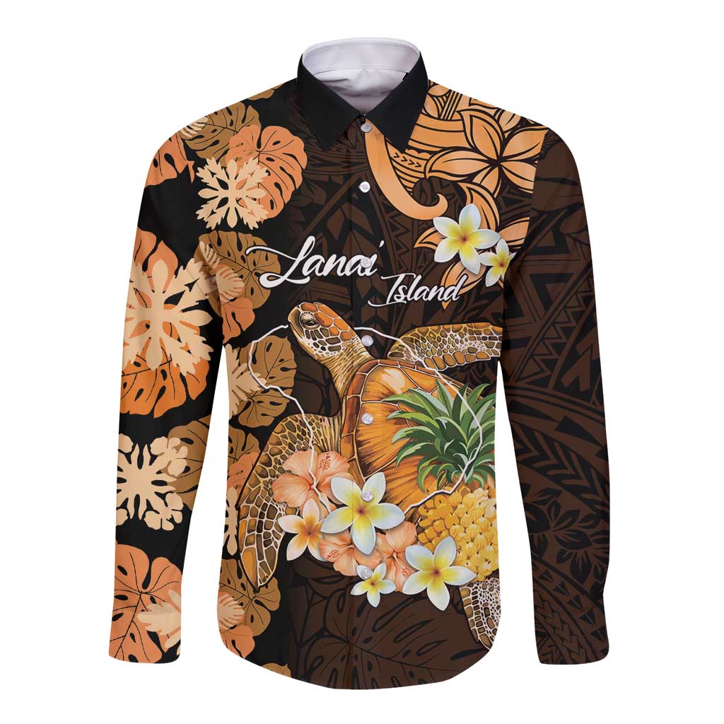 Personalised Aloha Hawaii Lanai Island Long Sleeve Button Shirt Pineapple Isle Map Sea Turtle Plumeria LT14 Unisex Orange - Polynesian Pride