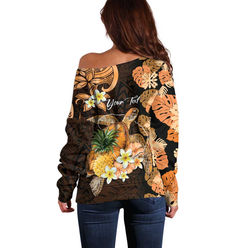 Personalised Aloha Hawaii Lanai Island Off Shoulder Sweater Pineapple Isle Map Sea Turtle Plumeria