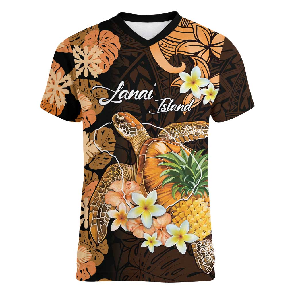 Personalised Aloha Hawaii Lanai Island Women V-Neck T-Shirt Pineapple Isle Map Sea Turtle Plumeria LT14 Female Orange - Polynesian Pride
