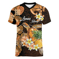 Personalised Aloha Hawaii Lanai Island Women V-Neck T-Shirt Pineapple Isle Map Sea Turtle Plumeria LT14 Female Orange - Polynesian Pride