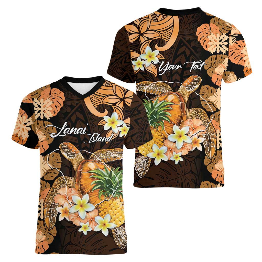 Personalised Aloha Hawaii Lanai Island Women V-Neck T-Shirt Pineapple Isle Map Sea Turtle Plumeria LT14 - Polynesian Pride