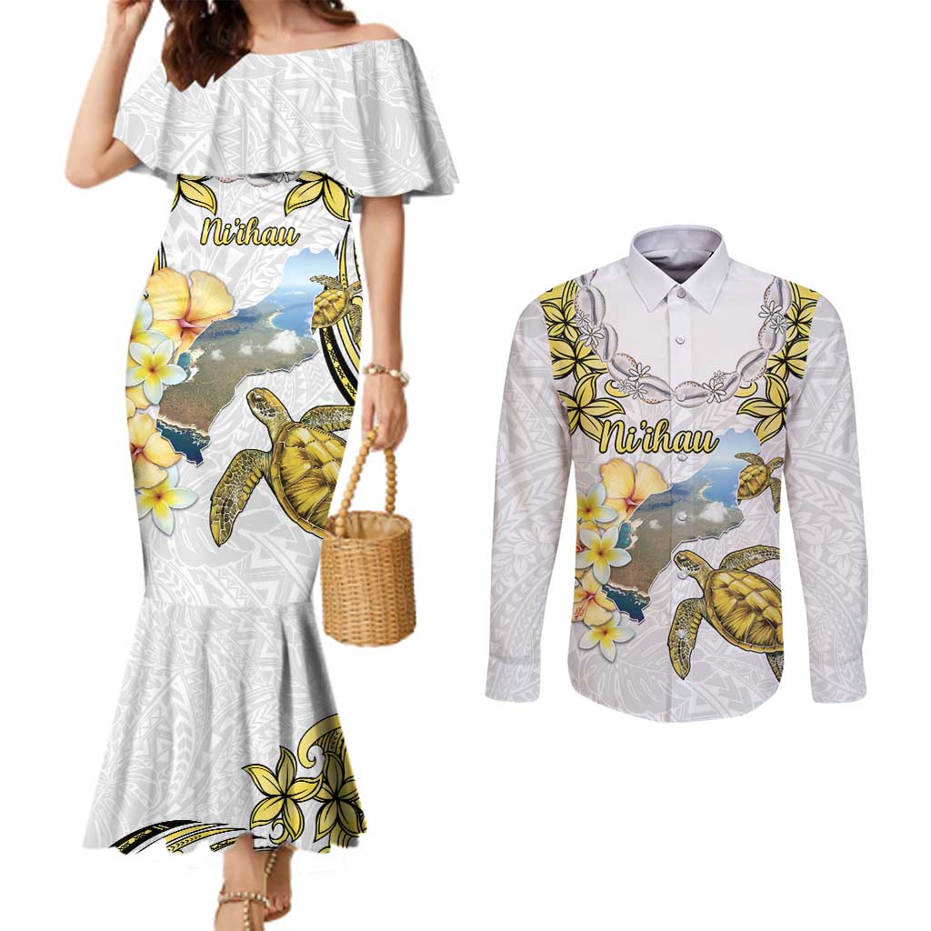 Personalised Aloha Hawaii Niihau Island Couples Matching Mermaid Dress and Long Sleeve Button Shirt Forbidden Isle Map Shell Lei