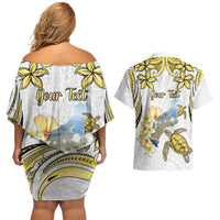 Personalised Aloha Hawaii Niihau Island Couples Matching Off Shoulder Short Dress and Hawaiian Shirt Forbidden Isle Map Shell Lei