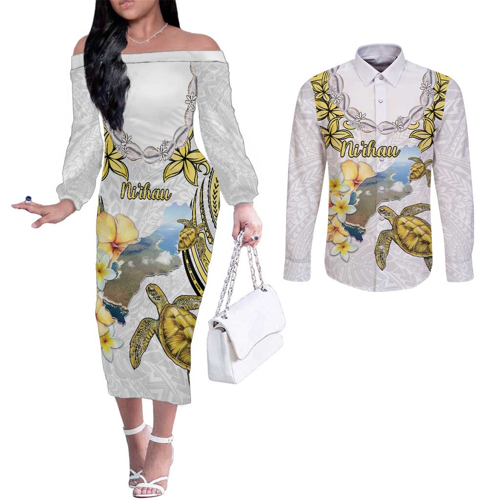 Personalised Aloha Hawaii Niihau Island Couples Matching Off The Shoulder Long Sleeve Dress and Long Sleeve Button Shirt Forbidden Isle Map Shell Lei