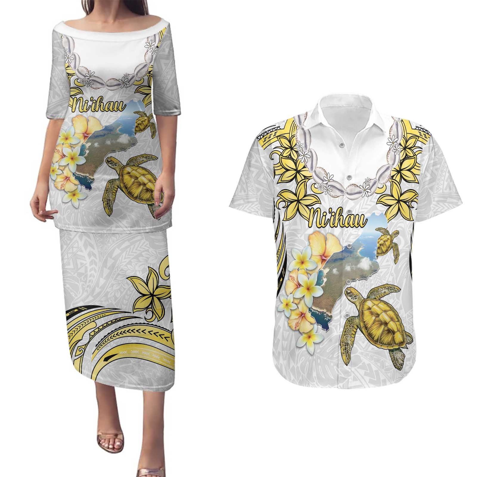 Personalised Aloha Hawaii Niihau Island Couples Matching Puletasi and Hawaiian Shirt Forbidden Isle Map Shell Lei