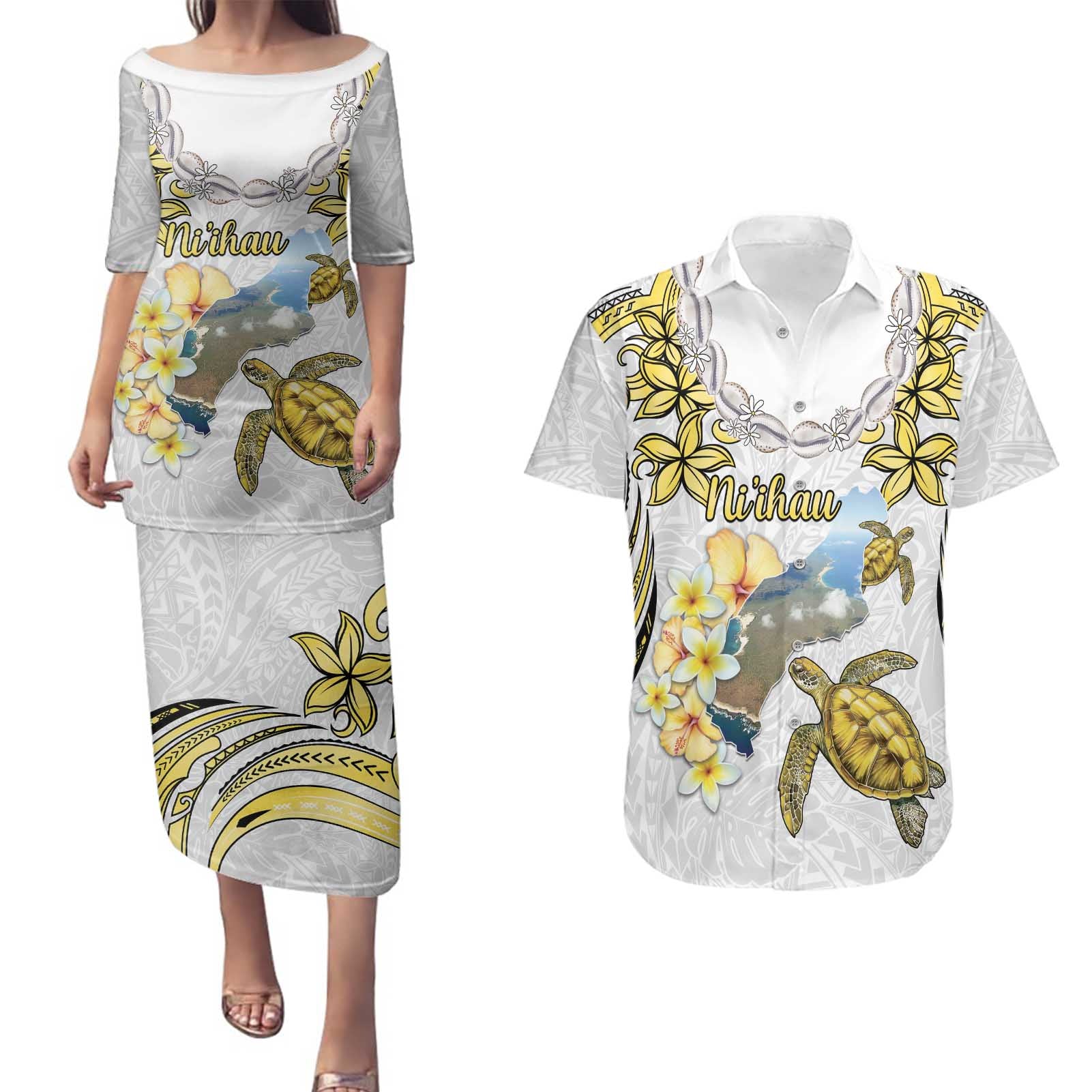 Personalised Aloha Hawaii Niihau Island Couples Matching Puletasi and Hawaiian Shirt Forbidden Isle Map Shell Lei