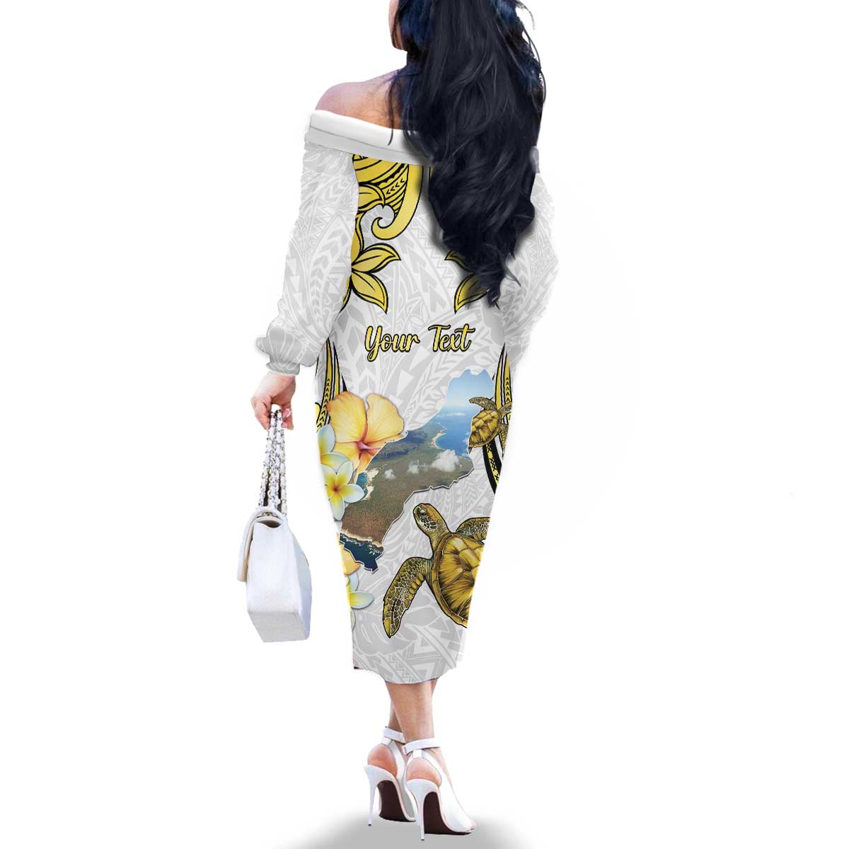 Personalised Aloha Hawaii Niihau Island Family Matching Off The Shoulder Long Sleeve Dress and Hawaiian Shirt Forbidden Isle Map Shell Lei