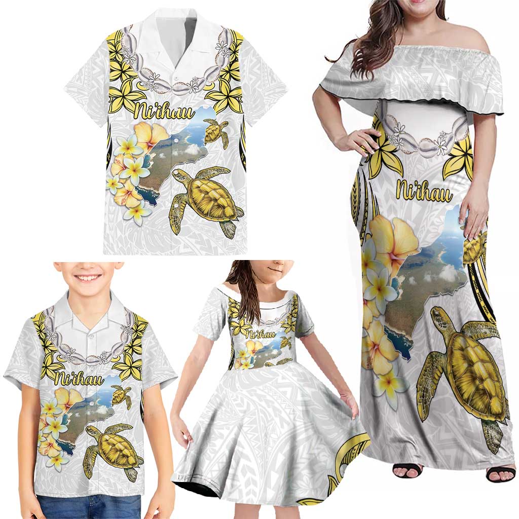 Personalised Aloha Hawaii Niihau Island Family Matching Off Shoulder Maxi Dress and Hawaiian Shirt Forbidden Isle Map Shell Lei