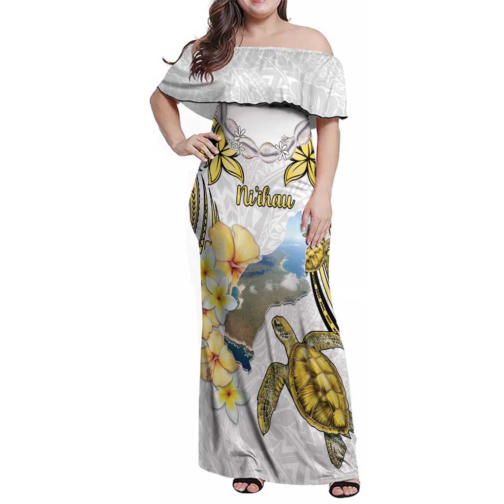 Personalised Aloha Hawaii Niihau Island Family Matching Off Shoulder Maxi Dress and Hawaiian Shirt Forbidden Isle Map Shell Lei