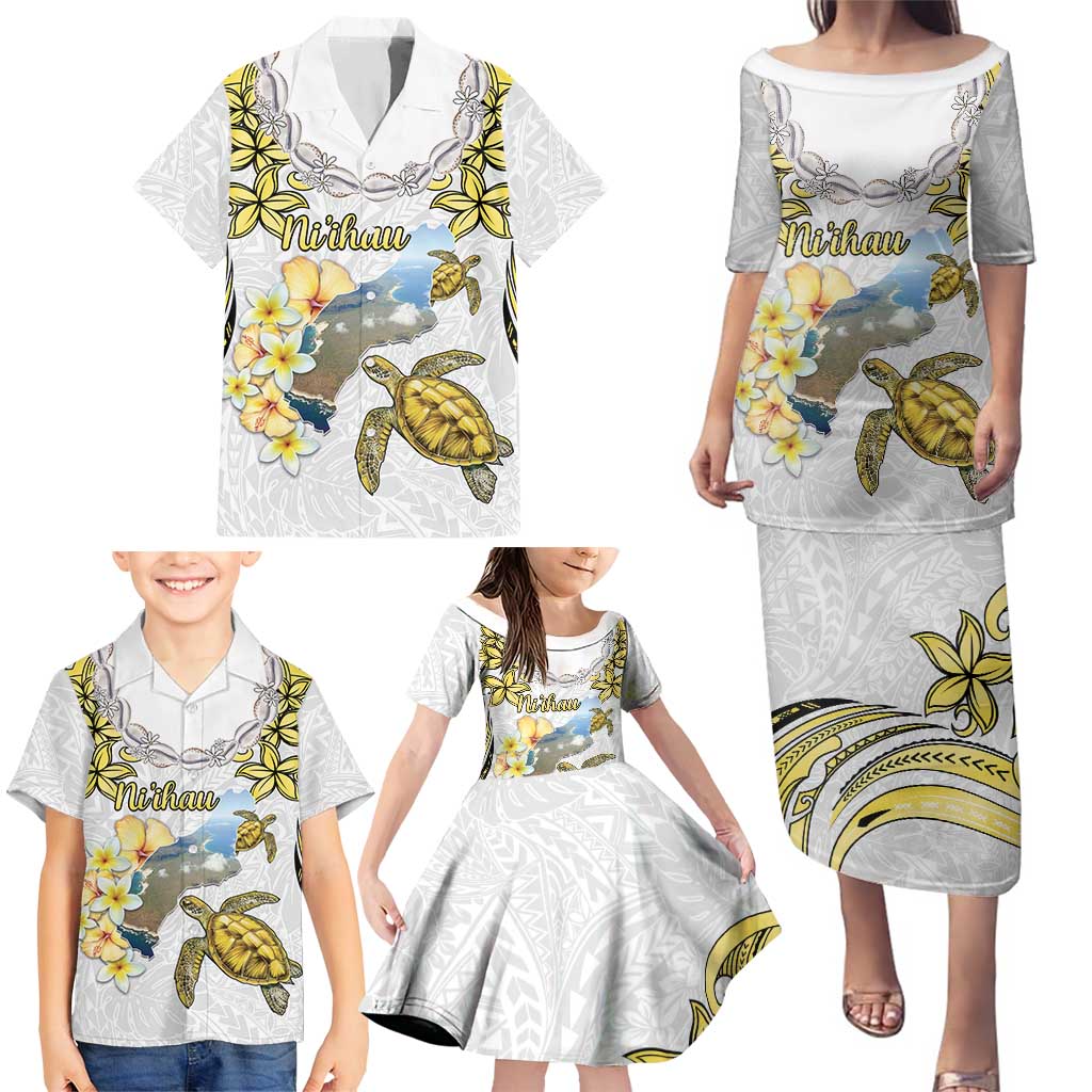 Personalised Aloha Hawaii Niihau Island Family Matching Puletasi and Hawaiian Shirt Forbidden Isle Map Shell Lei