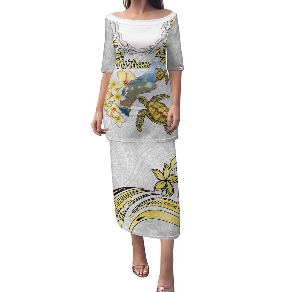 Personalised Aloha Hawaii Niihau Island Family Matching Puletasi and Hawaiian Shirt Forbidden Isle Map Shell Lei