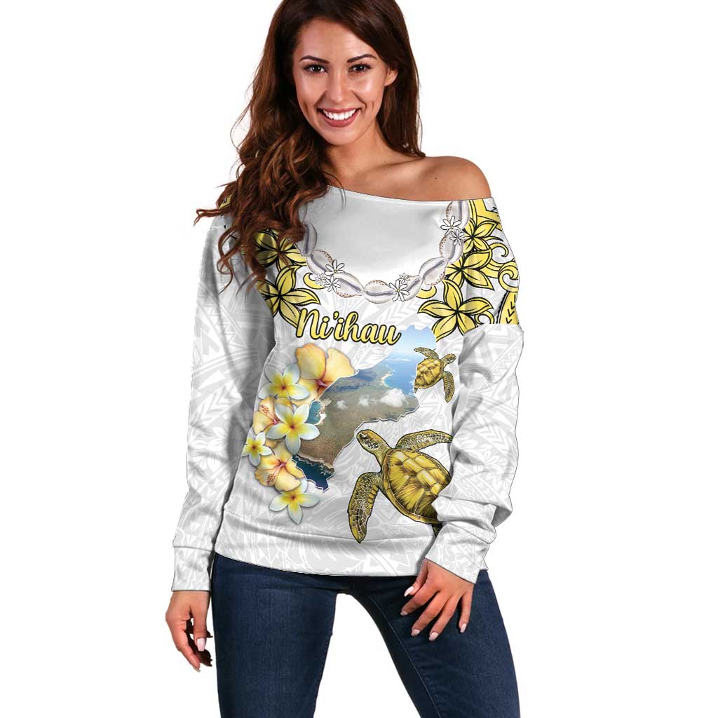 Personalised Aloha Hawaii Niihau Island Off Shoulder Sweater Forbidden Isle Map Shell Lei