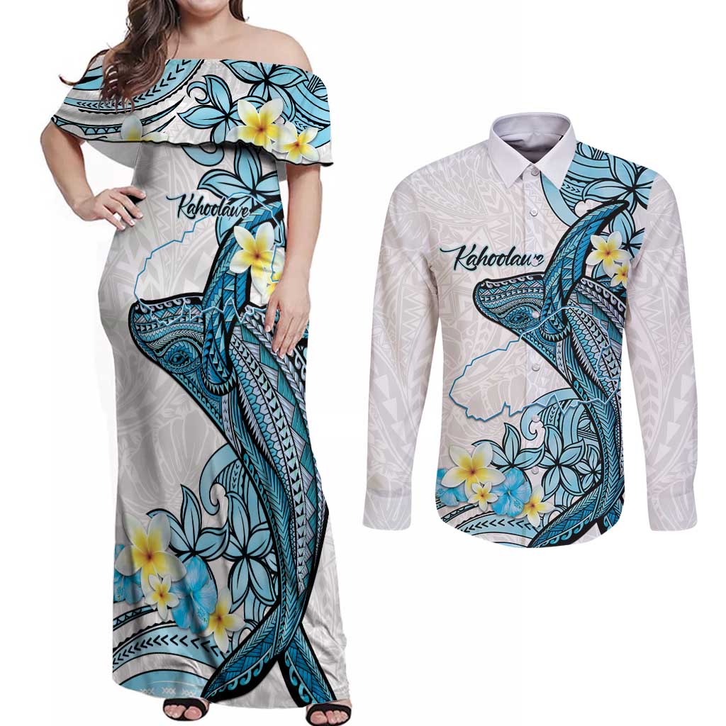 Personalised Aloha Hawaii Kahoolawe Island Couples Matching Off Shoulder Maxi Dress and Long Sleeve Button Shirt Target Isle Map With Humpback Whale