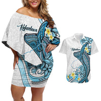 Personalised Aloha Hawaii Kahoolawe Island Couples Matching Off Shoulder Short Dress and Hawaiian Shirt Target Isle Map With Humpback Whale