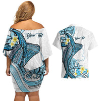 Personalised Aloha Hawaii Kahoolawe Island Couples Matching Off Shoulder Short Dress and Hawaiian Shirt Target Isle Map With Humpback Whale