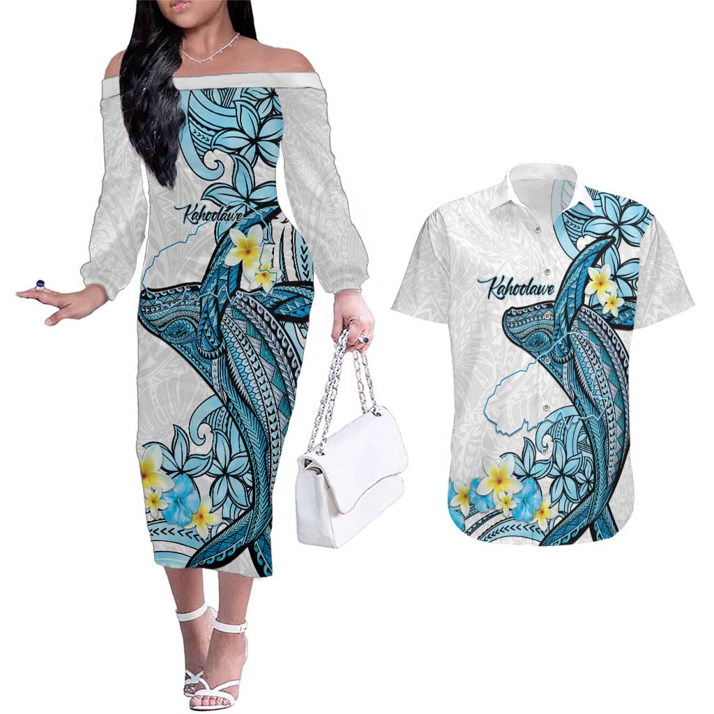 Personalised Aloha Hawaii Kahoolawe Island Couples Matching Off The Shoulder Long Sleeve Dress and Hawaiian Shirt Target Isle Map With Humpback Whale