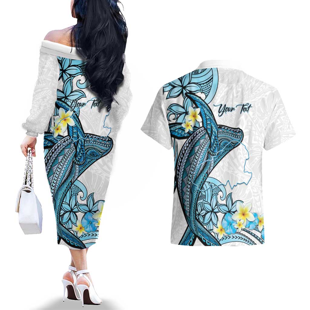 Personalised Aloha Hawaii Kahoolawe Island Couples Matching Off The Shoulder Long Sleeve Dress and Hawaiian Shirt Target Isle Map With Humpback Whale