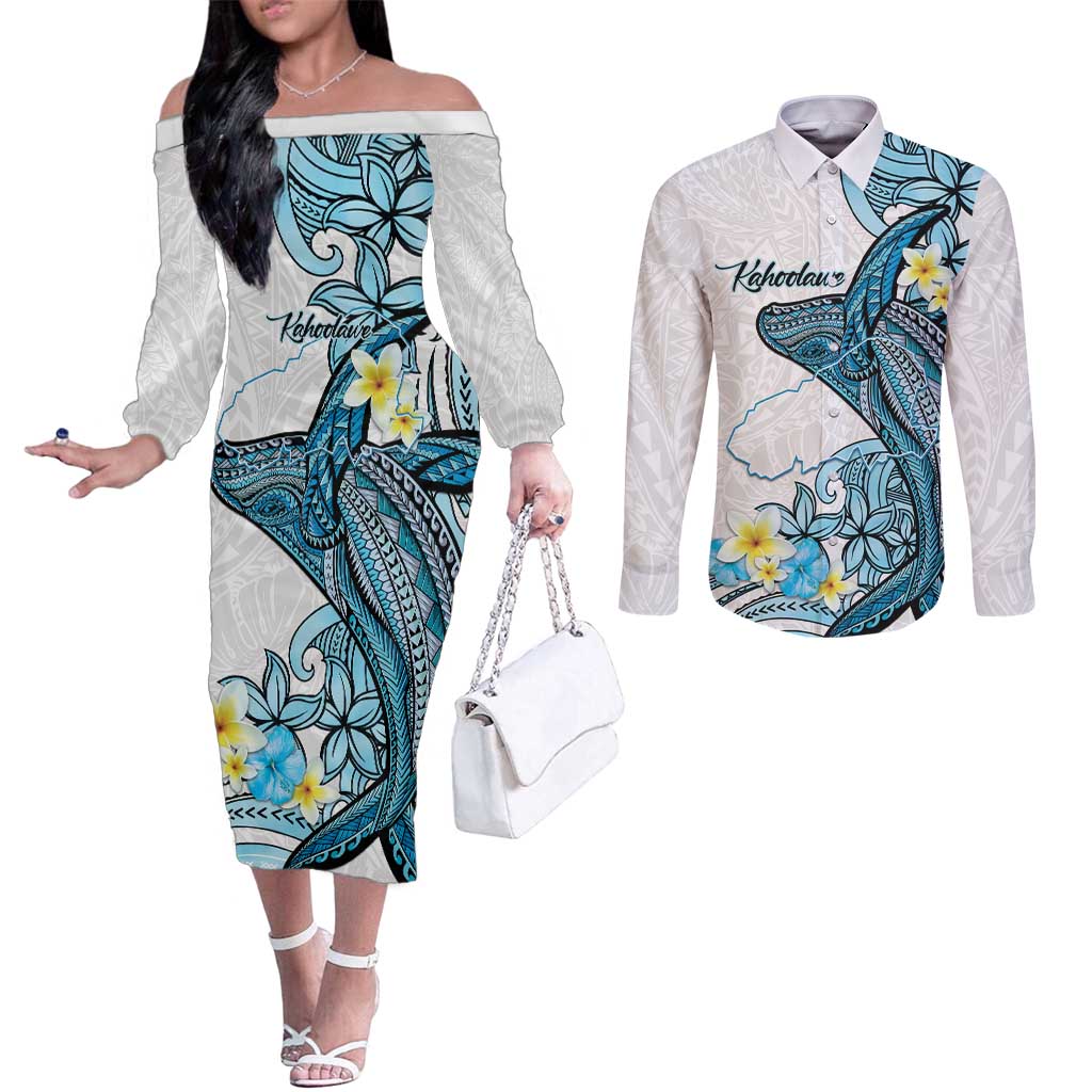 Personalised Aloha Hawaii Kahoolawe Island Couples Matching Off The Shoulder Long Sleeve Dress and Long Sleeve Button Shirt Target Isle Map With Humpback Whale