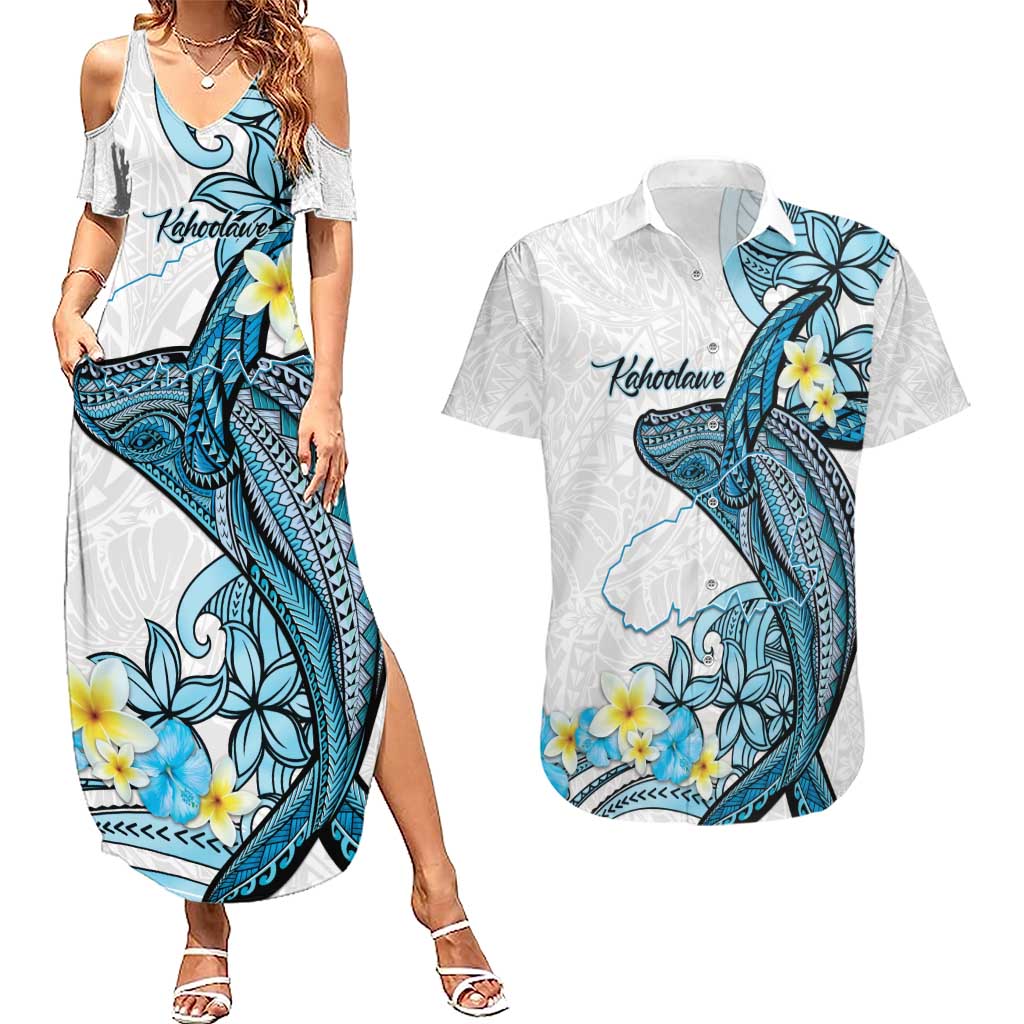 Personalised Aloha Hawaii Kahoolawe Island Couples Matching Summer Maxi Dress and Hawaiian Shirt Target Isle Map With Humpback Whale