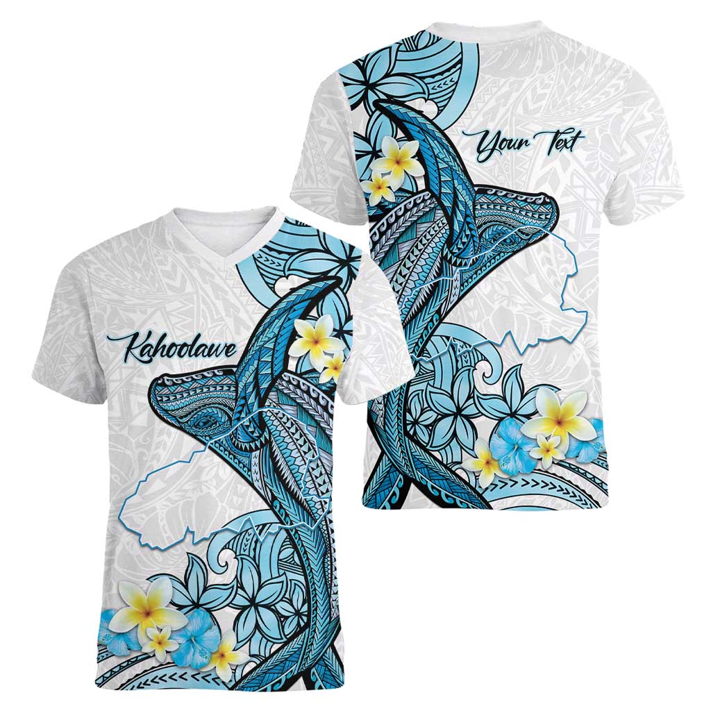 Personalised Aloha Hawaii Kahoolawe Island Women V-Neck T-Shirt Target Isle Map With Humpback Whale LT14 - Polynesian Pride