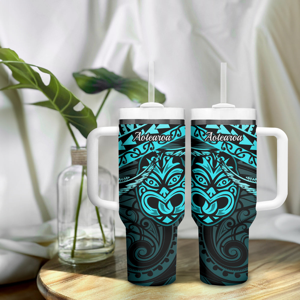 Matariki New Zealand Tumbler With Handle Maori New Year Tiki Turquoise Version