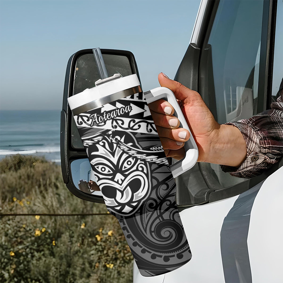 Matariki New Zealand Tumbler With Handle Maori New Year Tiki Black Version