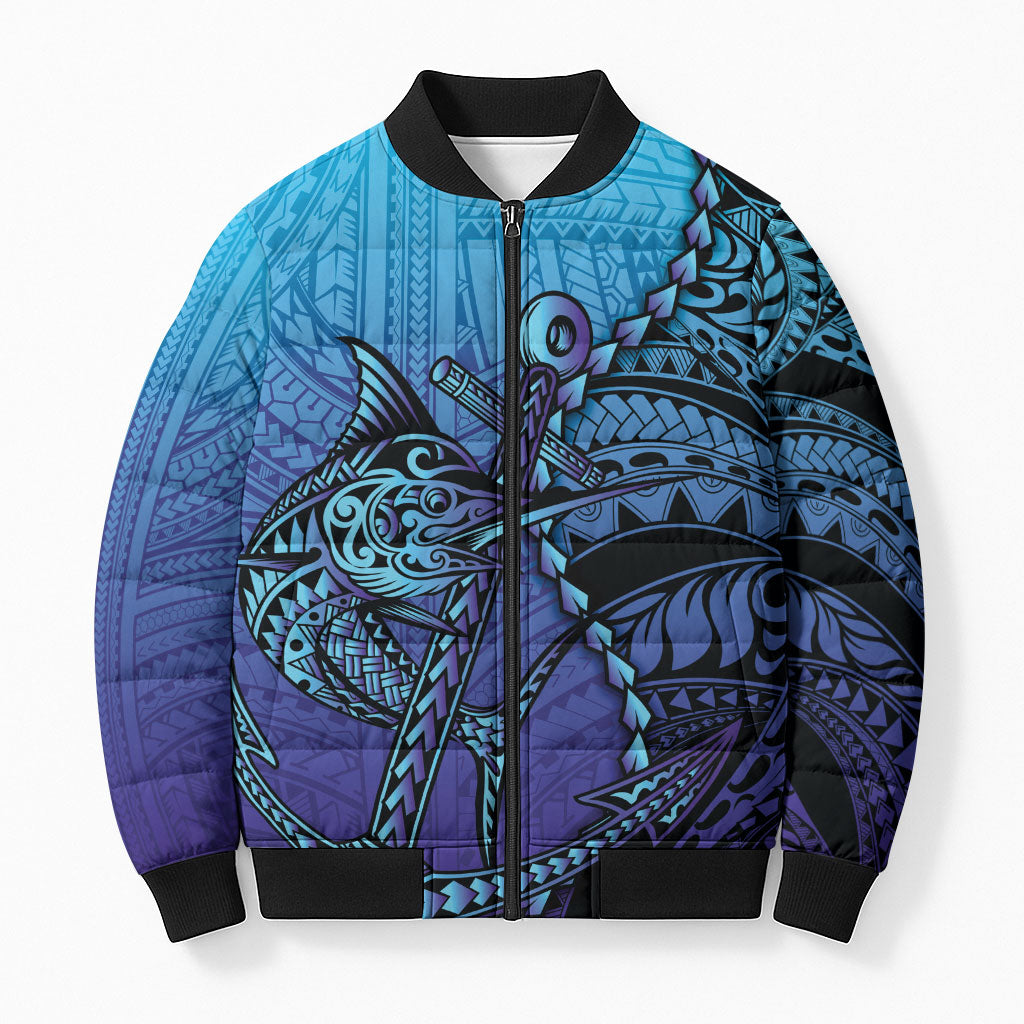 Personalised Polynesia Blue Marlin Fishing Bomber Puffer Jacket Marlin Anchor Tattoo Polynesian Pattern