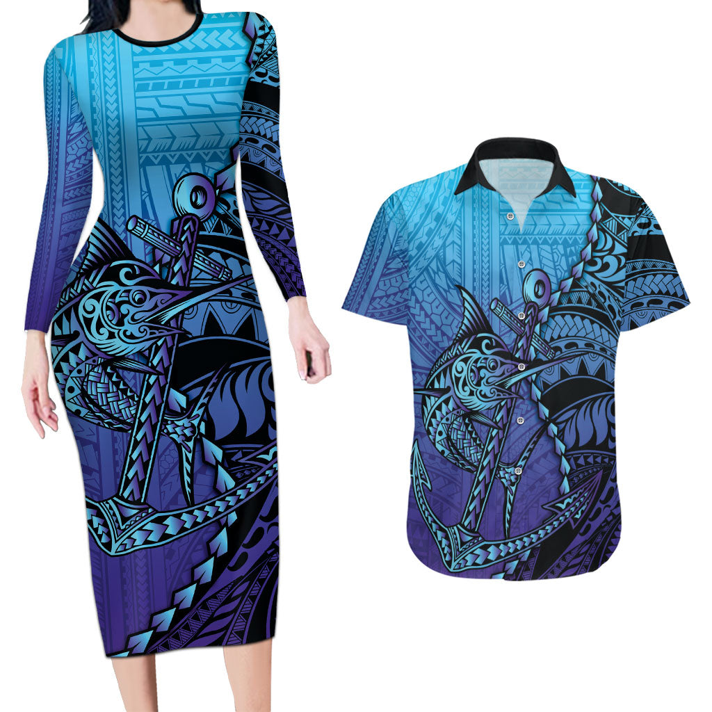 Personalised Polynesia Blue Marlin Fishing Couples Matching Long Sleeve Bodycon Dress and Hawaiian Shirt Marlin Anchor Tattoo Polynesian Pattern