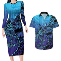 Personalised Polynesia Blue Marlin Fishing Couples Matching Long Sleeve Bodycon Dress and Hawaiian Shirt Marlin Anchor Tattoo Polynesian Pattern