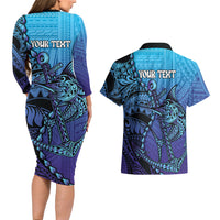 Personalised Polynesia Blue Marlin Fishing Couples Matching Long Sleeve Bodycon Dress and Hawaiian Shirt Marlin Anchor Tattoo Polynesian Pattern