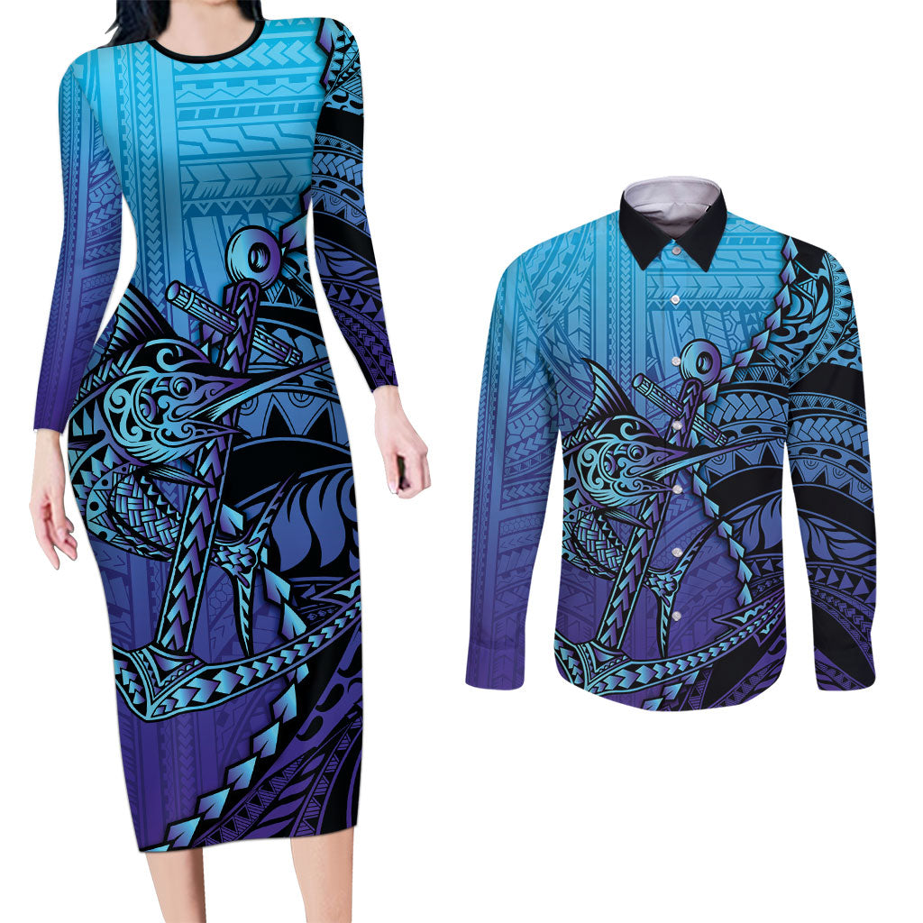 Personalised Polynesia Blue Marlin Fishing Couples Matching Long Sleeve Bodycon Dress and Long Sleeve Button Shirt Marlin Anchor Tattoo Polynesian Pattern